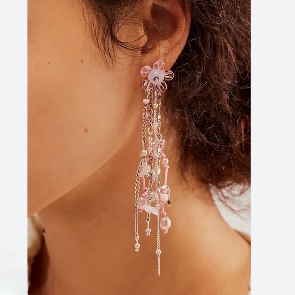 NEW Free People Willow Dangle Earrings Pink & Silver Beaded